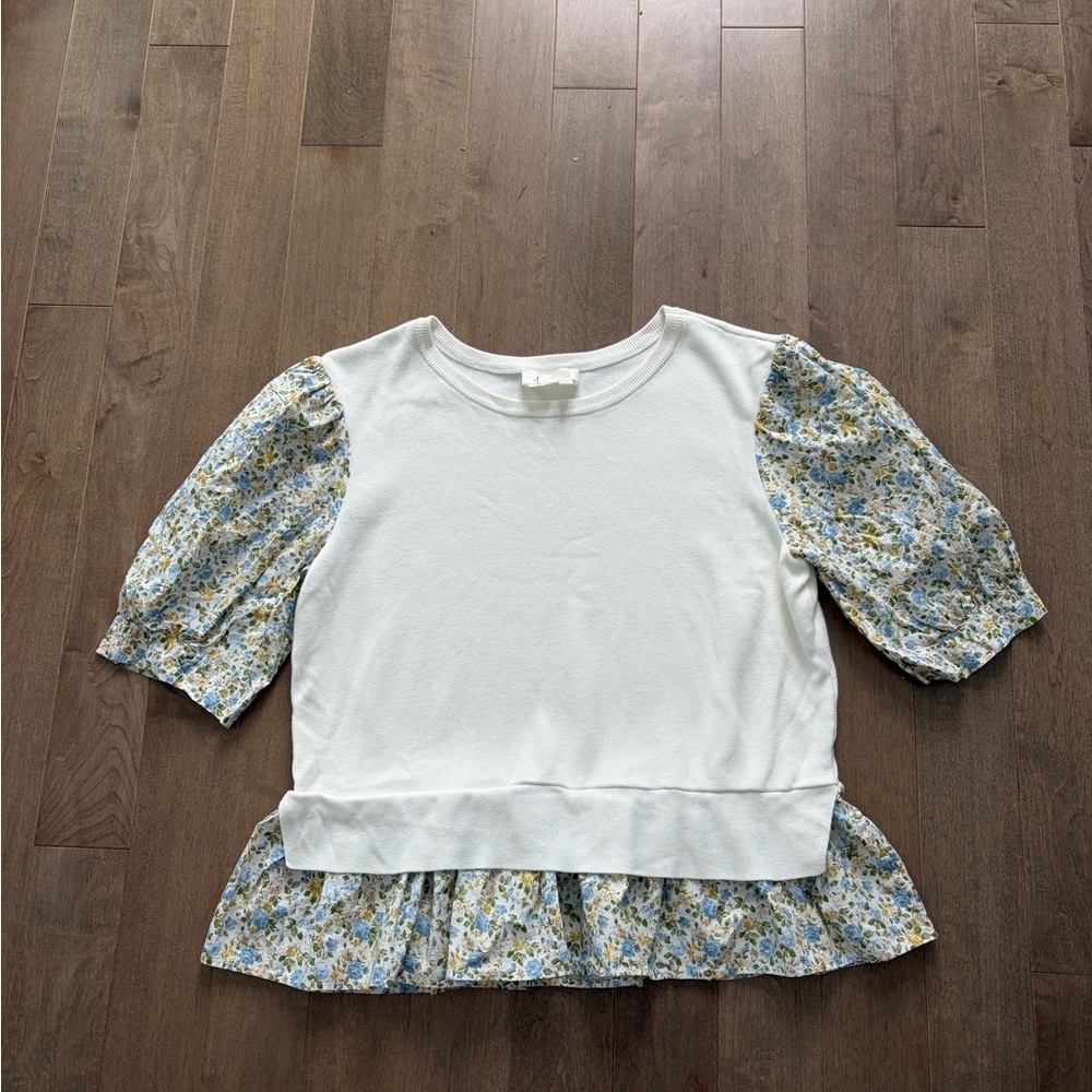 Anthropologie White Top with Floral Sleeves